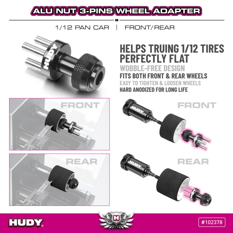 ALU NUT 3-PINS WHEEL ADAPTER - FRONT/REAR - 1/12 PAN CAR - HUDY - 102
