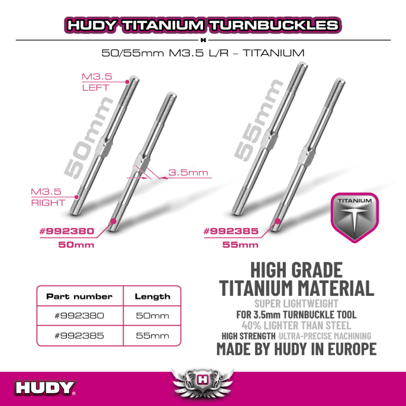 TITANIUM ADJUSTABLE TURNBUCKLE 55MM M3.5 L/R (2)  - HUDY - 992385